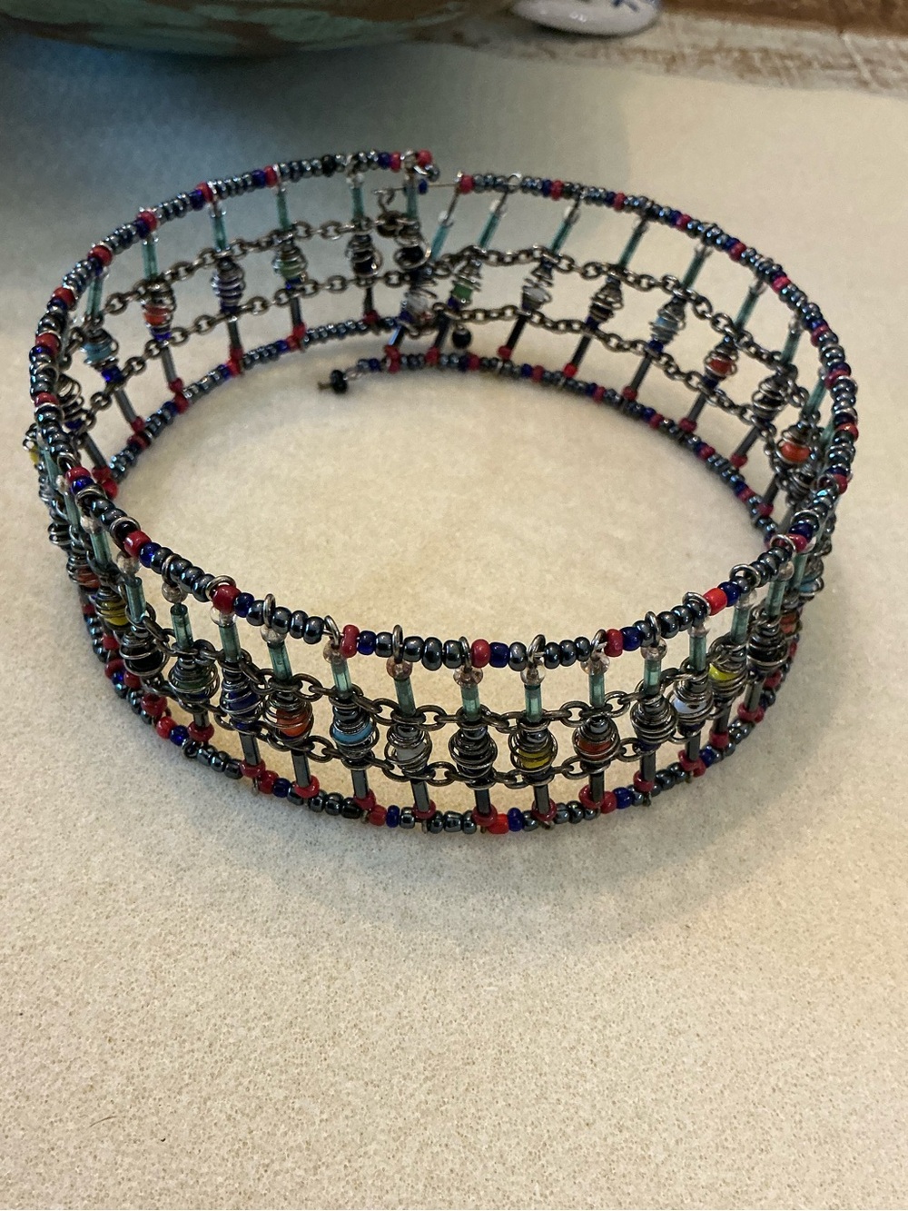Vintage Multicolor Beaded Wire Cuff necklace, 14” - Picture 2 of 2